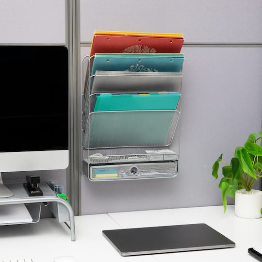 Mind Reader 4-Tier Vertical File Storage, Desktop Organizer, Wall Mount, Office, Metal Mesh, 12.5"L x 4"W x 16.5"H